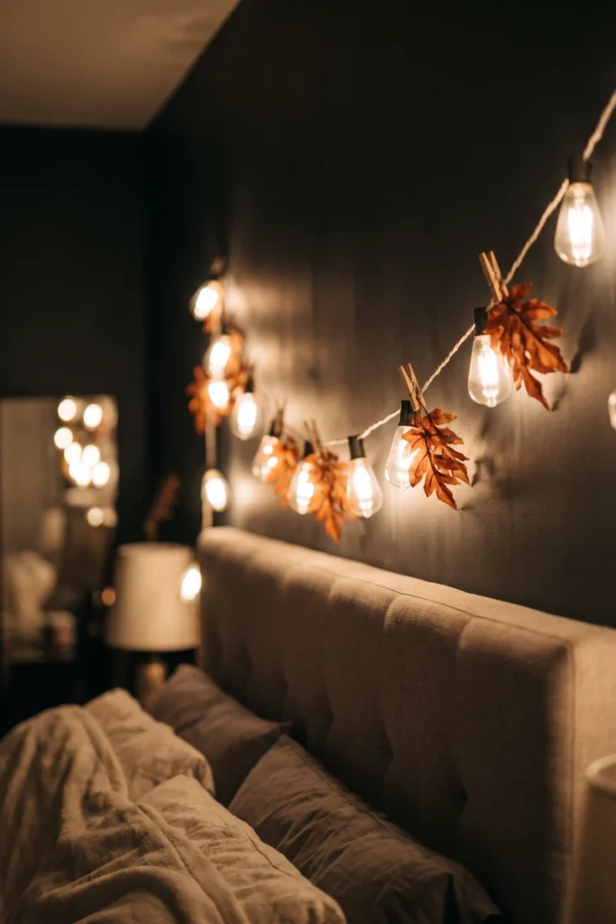 Clip Faux Leaves Onto String Lights You Already Have — dollar store fall decor idea for a small apartment