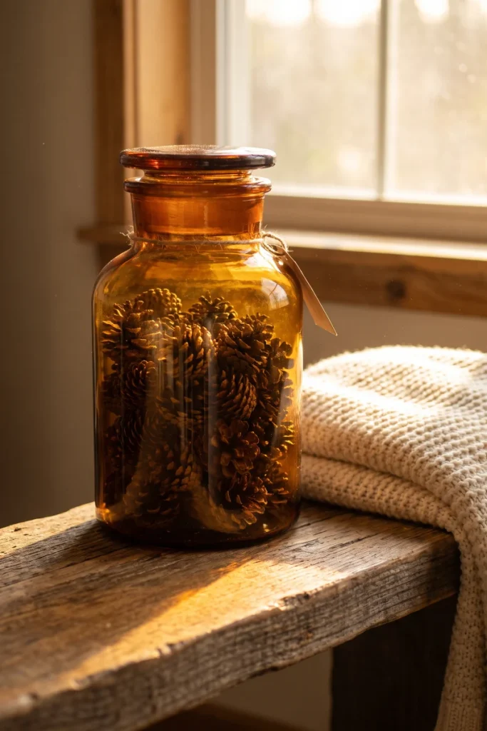 Fill an Amber Jar With Cinnamon Pinecones Instead of Burning a Candle — dollar store fall decor idea for a small apartment