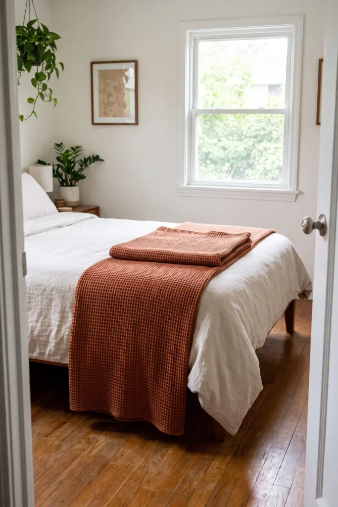 Fold One Rust Throw Across the Foot of Your Bed — dollar store fall decor idea for a small apartment