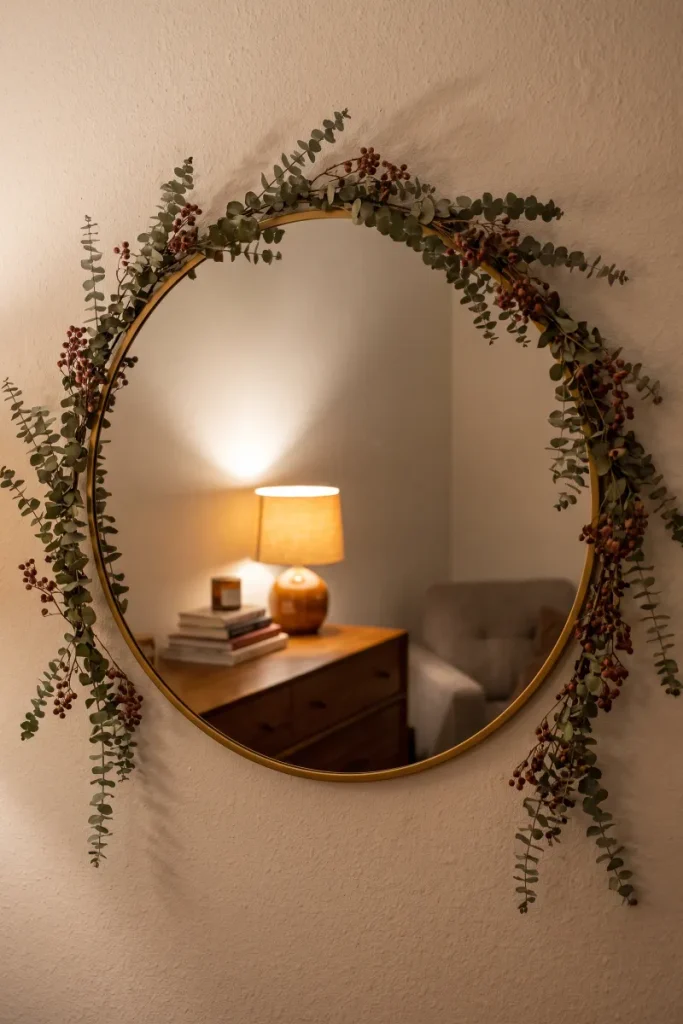 Frame a Mirror With a Mini Garland and Two Stick On Hooks — dollar store fall decor idea for a small apartment