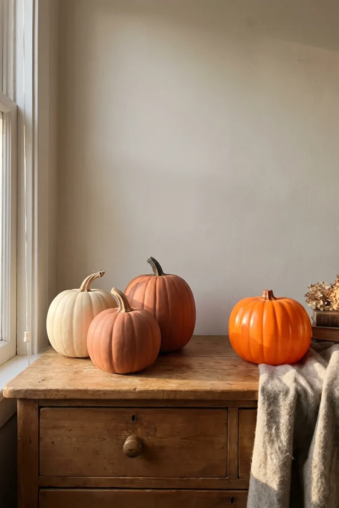 Give Shiny Plastic Pumpkins a Matte Finish — dollar store fall decor idea for a small apartment