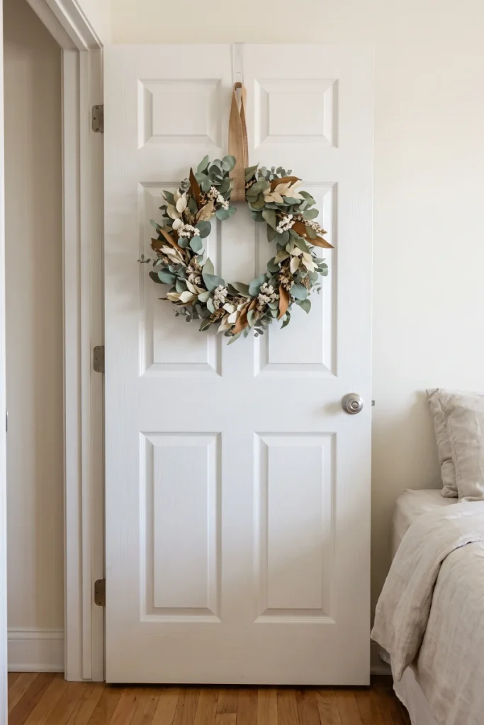 Hang the Wreath on the Inside of Your Bedroom Door — dollar store fall decor idea for a small apartment