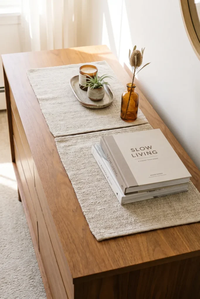 Layer Two Placemats Into a Dresser Runner — dollar store fall decor idea for a small apartment