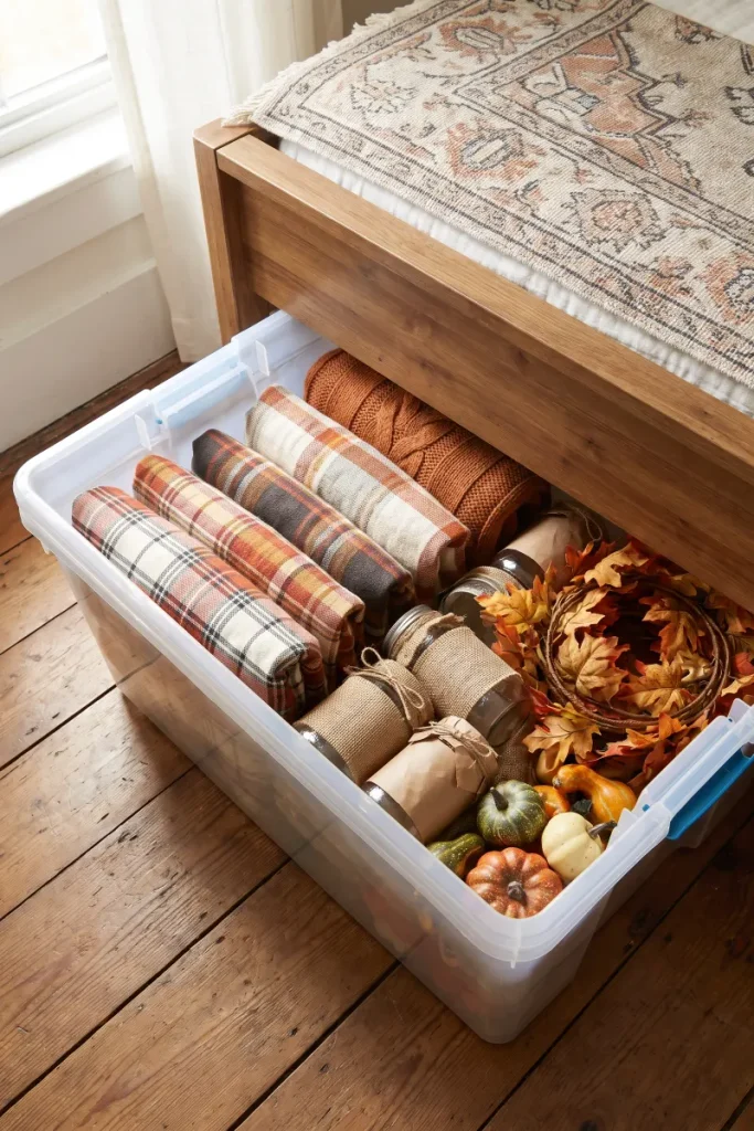 Pack Your Dollar Store Fall Decor Into One Under Bed Bin — dollar store fall decor idea for a small apartment