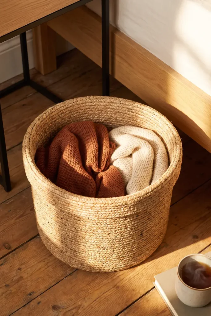 Park a Woven Basket Beside the Bed for the Blanket Pile — dollar store fall decor idea for a small apartment