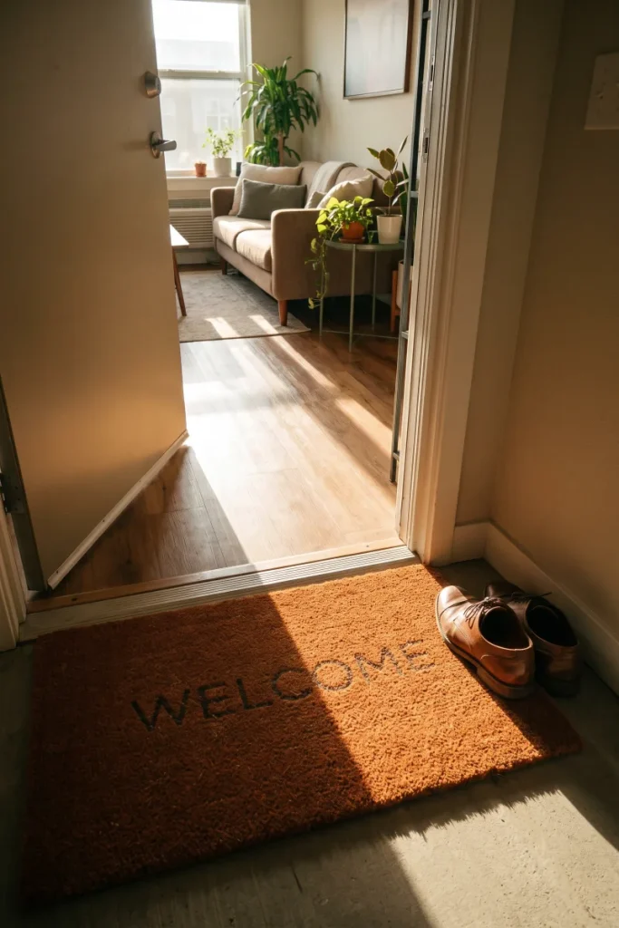 Put the Fall Doormat Inside Your Door — dollar store fall decor idea for a small apartment