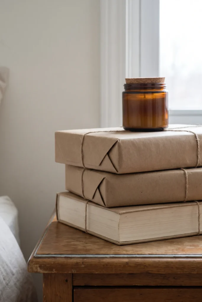 Wrap Cheap Hardcovers in Kraft Paper for a Stacked Book Look — dollar store fall decor idea for a small apartment